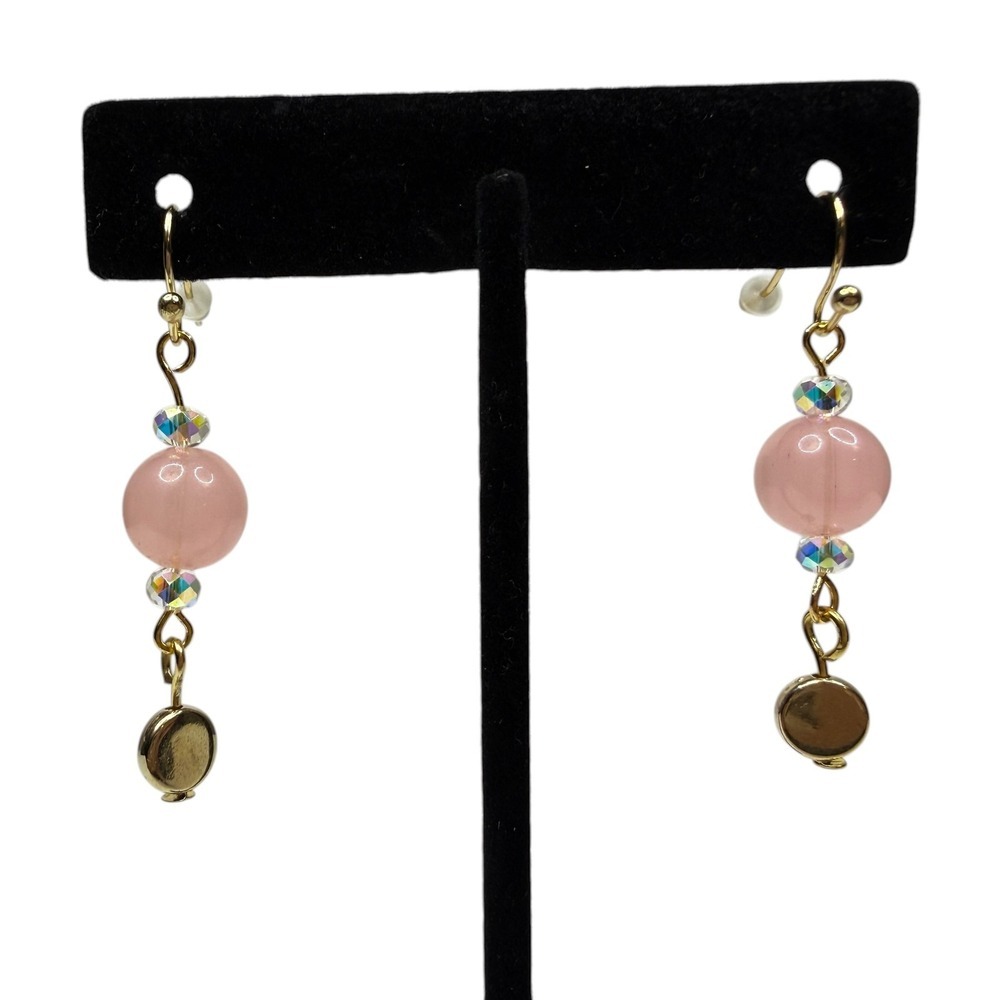 18K Gold Plated Rose Quartz Pink Beaded Dangle Earrings Iridescent Crystal